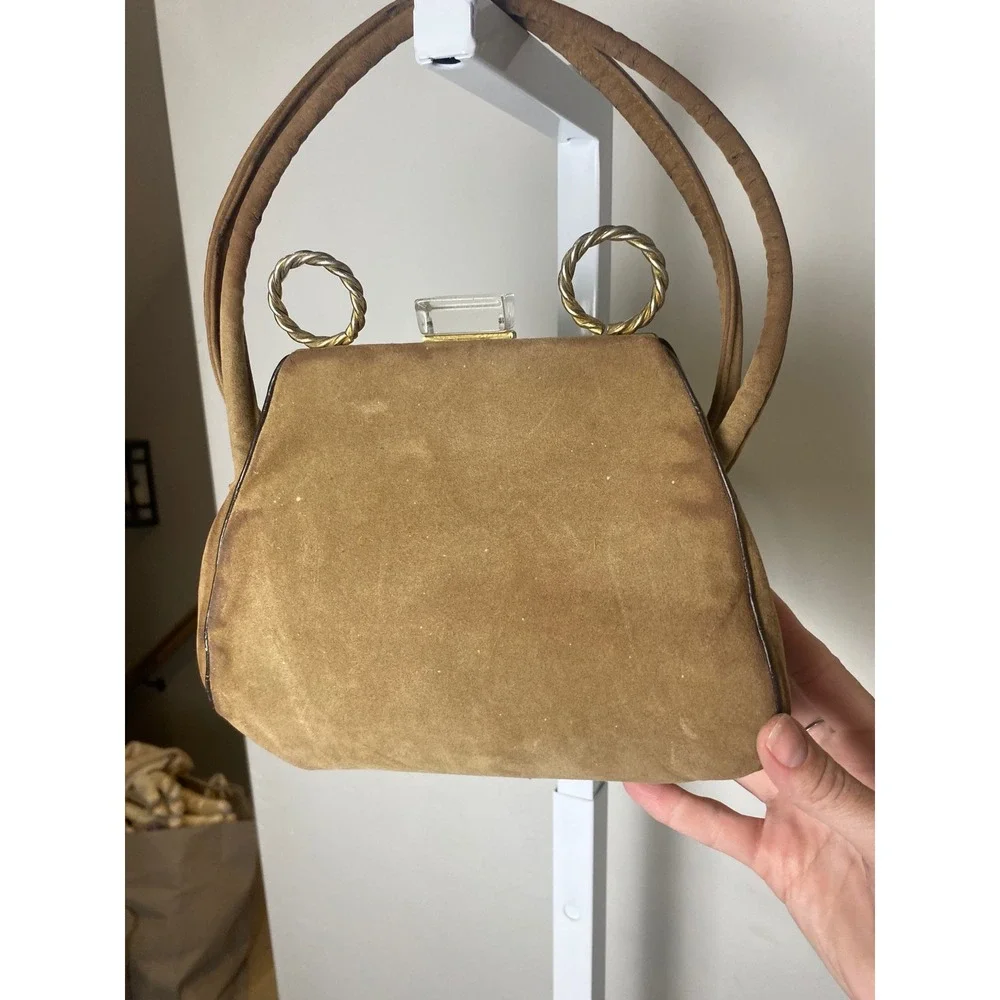 Vintage Tan Suede Handbag Lucite Clasp Gold Ring Handle Bag Brown Mid Century